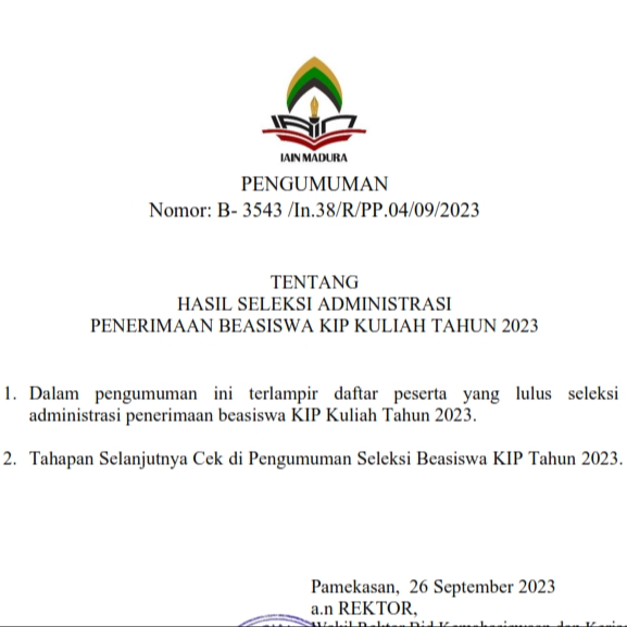 PENGUMUMAN HASIL SELEKSI ADMINISTRASI  PENERIMAAN BEASISWA KIP KULIAH TAHUN 2023