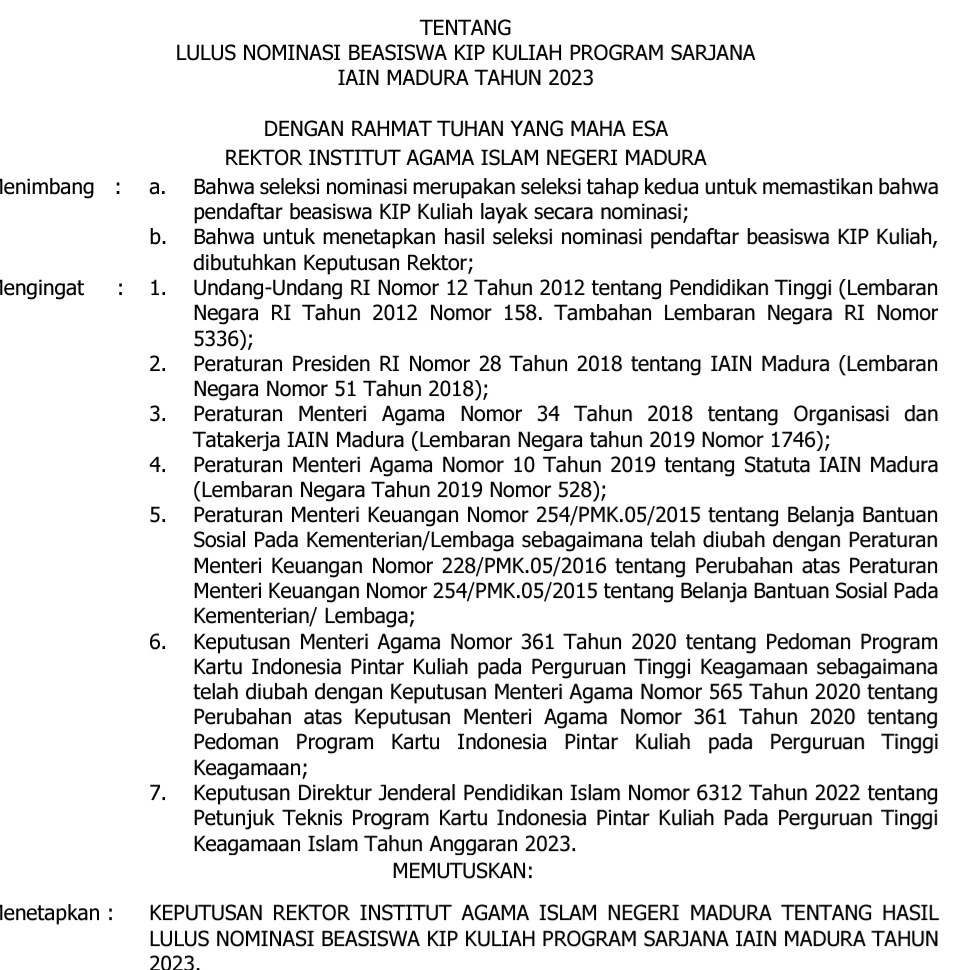 LULUS NOMINASI BEASISWA KIP KULIAH PROGRAM SARJANA  IAIN MADURA TAHUN 2023