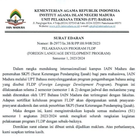 Surat Edaran Pelaksanaan Program FLDP (Foreign Language Development Program) Semester Gasal Tahun Akademik 2023/2024