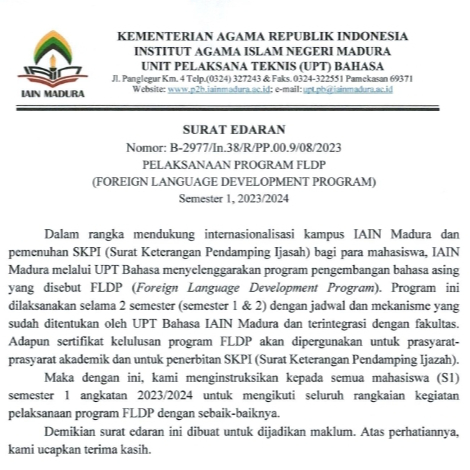 Surat Edaran Pelaksanaan Program FLDP (Foreign Language Development Program) Semester Gasal Tahun Akademik 2023/2024