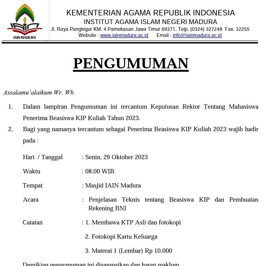 PENGUMUMAN PENERIMA BEASISWA KIP KULIAH IAIN MADURA TAHUN 2023